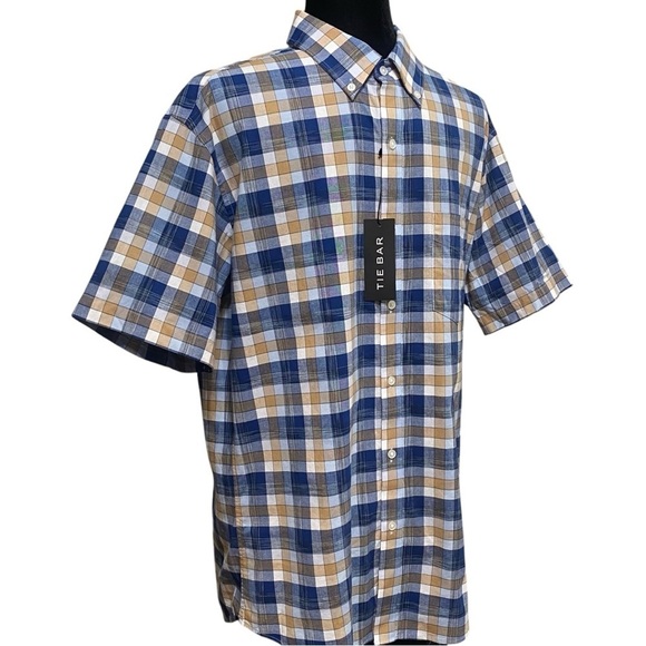 Tie Bar Blue Brown Plaid Trim Fit Short Sleeve Button Down Shirt Medium NWT - Picture 2 of 7